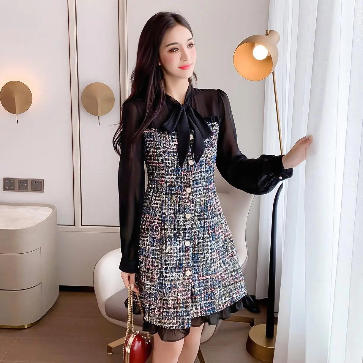 Осень зима 2020 новое волнистое осеннее платье маленькое ароматное трикотажное с