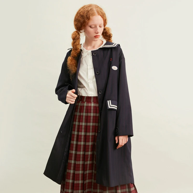 Женская Повседневная ветровка с матросским воротником темно-синий плащ в