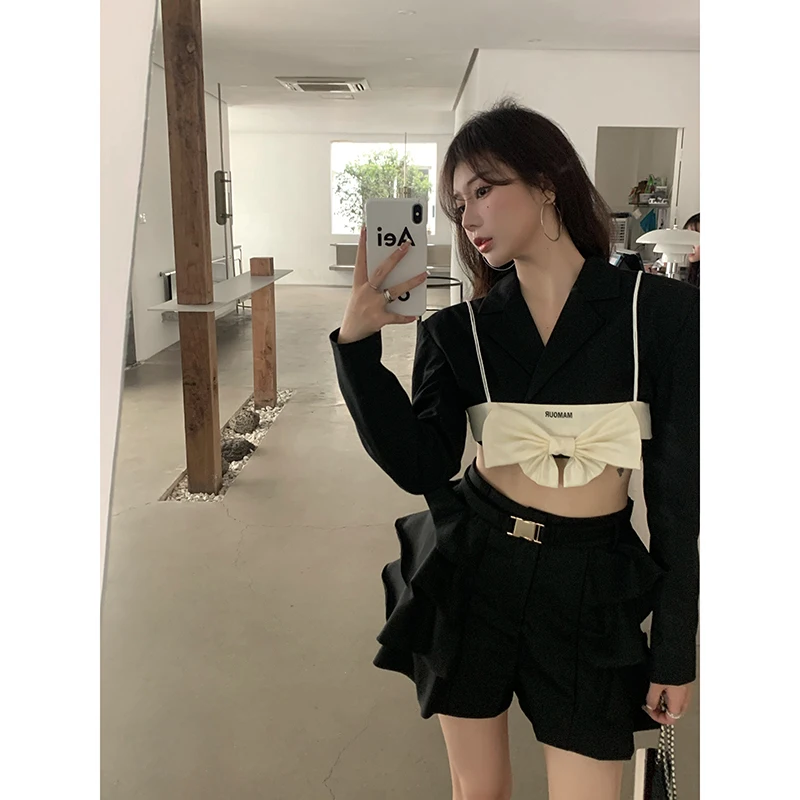 

Женский короткий Блейзер в западном стиле, черный блейзер в повседневном стиле, универсальная новая яркая юбка в Корейском стиле, Топ
