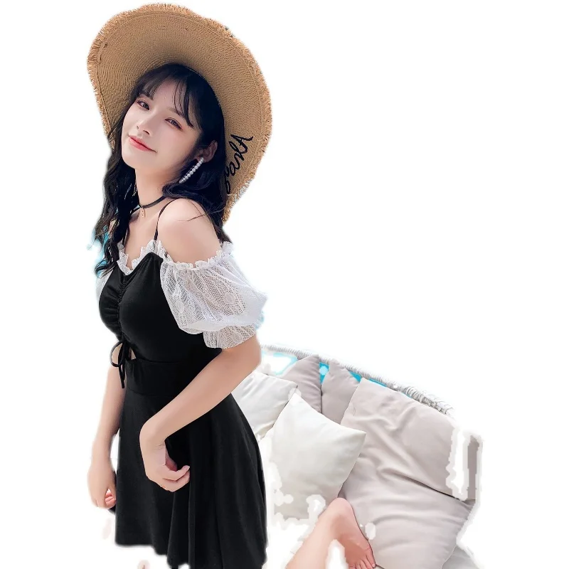 

Hot Spring Bathing Suit 2020 New Covering Belly Thin Conservative One-Piece Dress Korean Girl Drop Shoulder Sexy Lace Ins Best