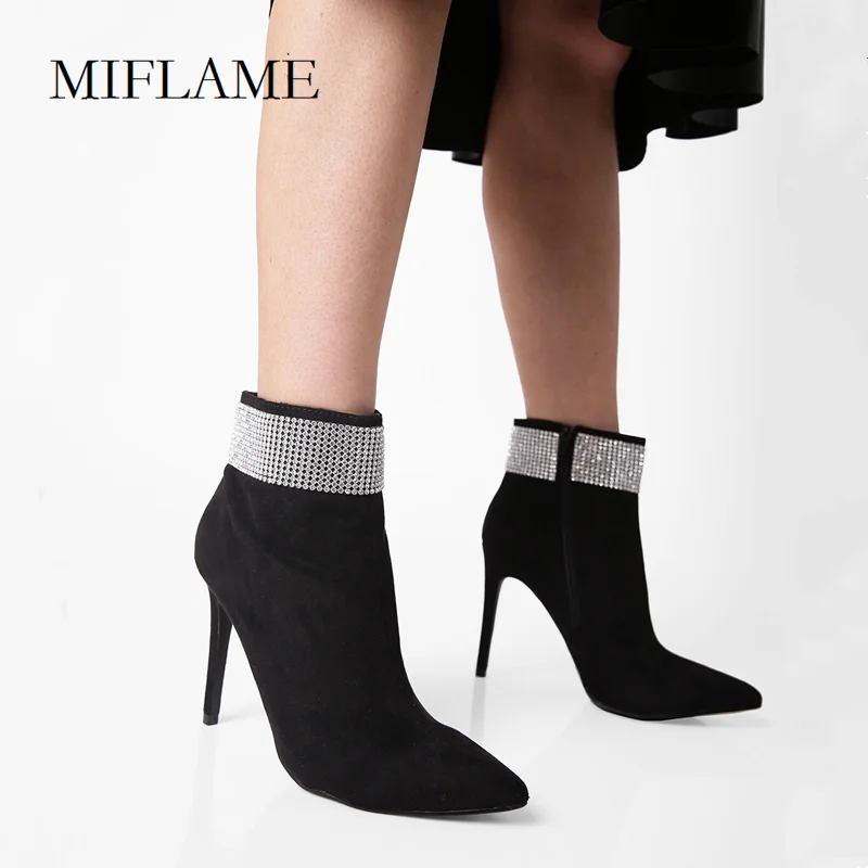 

Fashion Pointed Toe Boots Women Studded Diamond Ankle Stiletto Boots Winter Side Zipper Concise Flock Party thin Heels Shoes