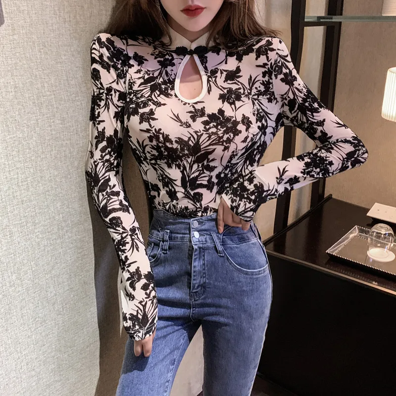

Transparent Lace Blouses Shirts Tees Female Chinese Style Turtleneck Vintage Full Sleeve Black Blouses Tops For Women