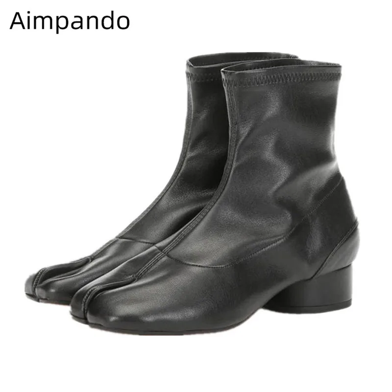 New Autumn Stretch Ankle Boots Novelty Split Toe Boots Women Cozy Round Heel Genuine Leather Riding Booties Fashion Short Botas