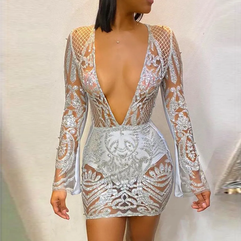 Модное сексуальное женское платье из марли с блестками Прозрачное глубоким v