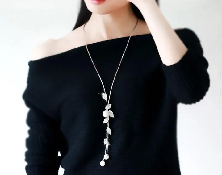 

C982 New Korean Jewelry Elegant Zircon Leaf Sweater Chain & Necklace Simulated Pearl Delicate For women Gift