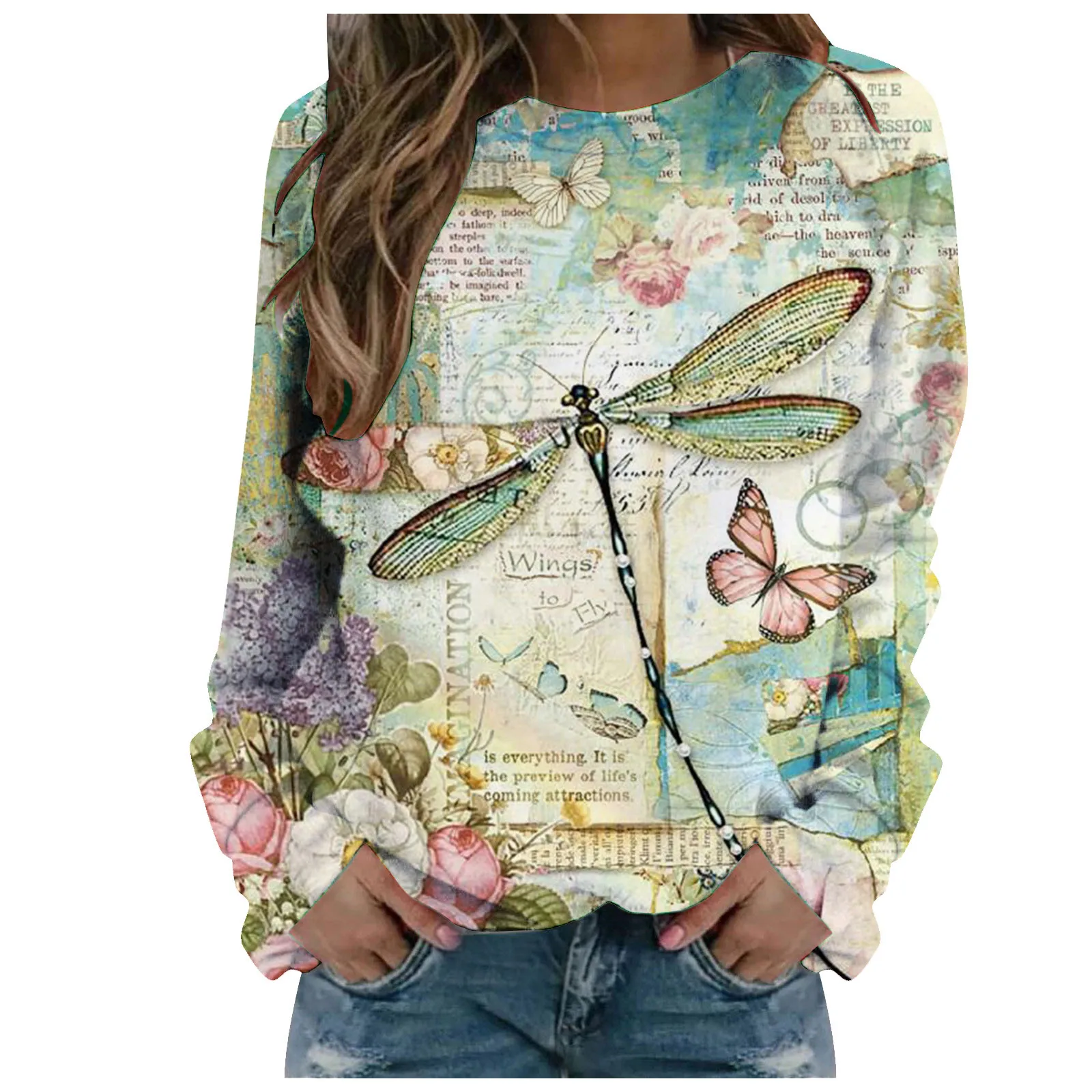 

Women's Fashion Casual Print Round Neck Pullover Long Sleeve T-shirt Tops For Women Summer