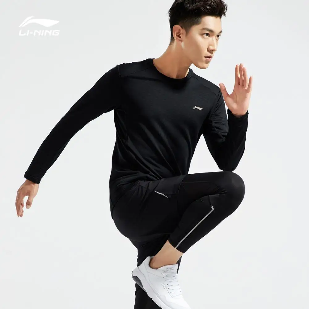 Li-Ning Мужская футболка для бега, длинный рукав, теплый корпус, 95% полиэстер, 5% спандекс, обычная посадка, подкладка, спортивные топы ATLN141 MTL996
