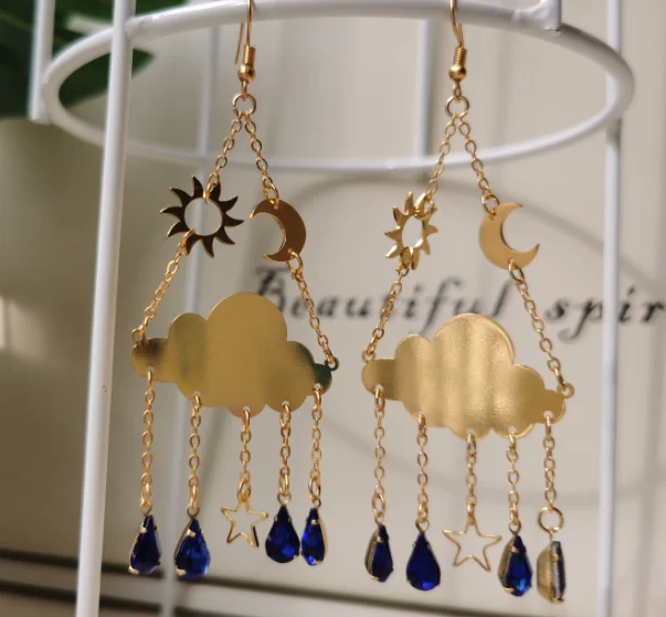 

Sun Moon Star with Cloud Blue Drops Suncatcher Earrings - Astrology Earrings - Celestial Earrings