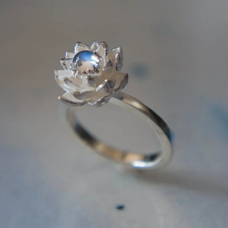 

Delicate Moonstones Lotus Flower Rings Unique Crystal Engagement Proposal Ring Woman Wedding Anniversary Gift