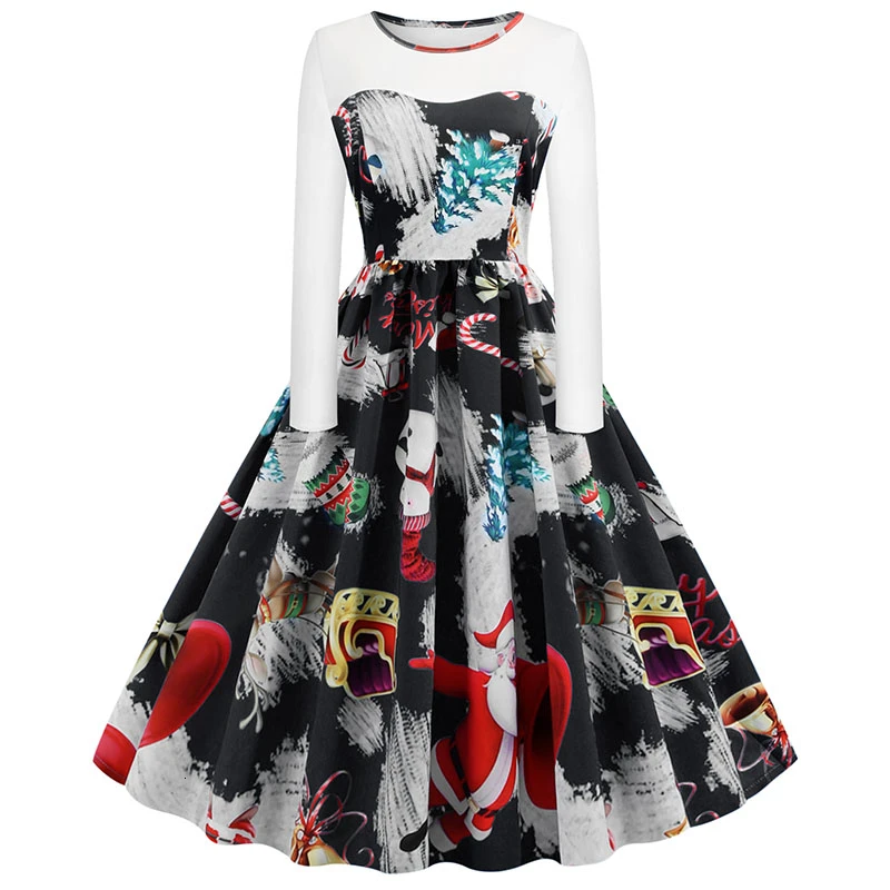 Ретро принт высокая талия винтажное рождественское платье для женщин 2019 Осень
