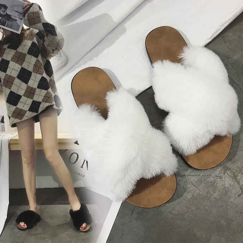 Осенние повседневные Симпатичные женские меховые тапочки с перекрестным ремнем
