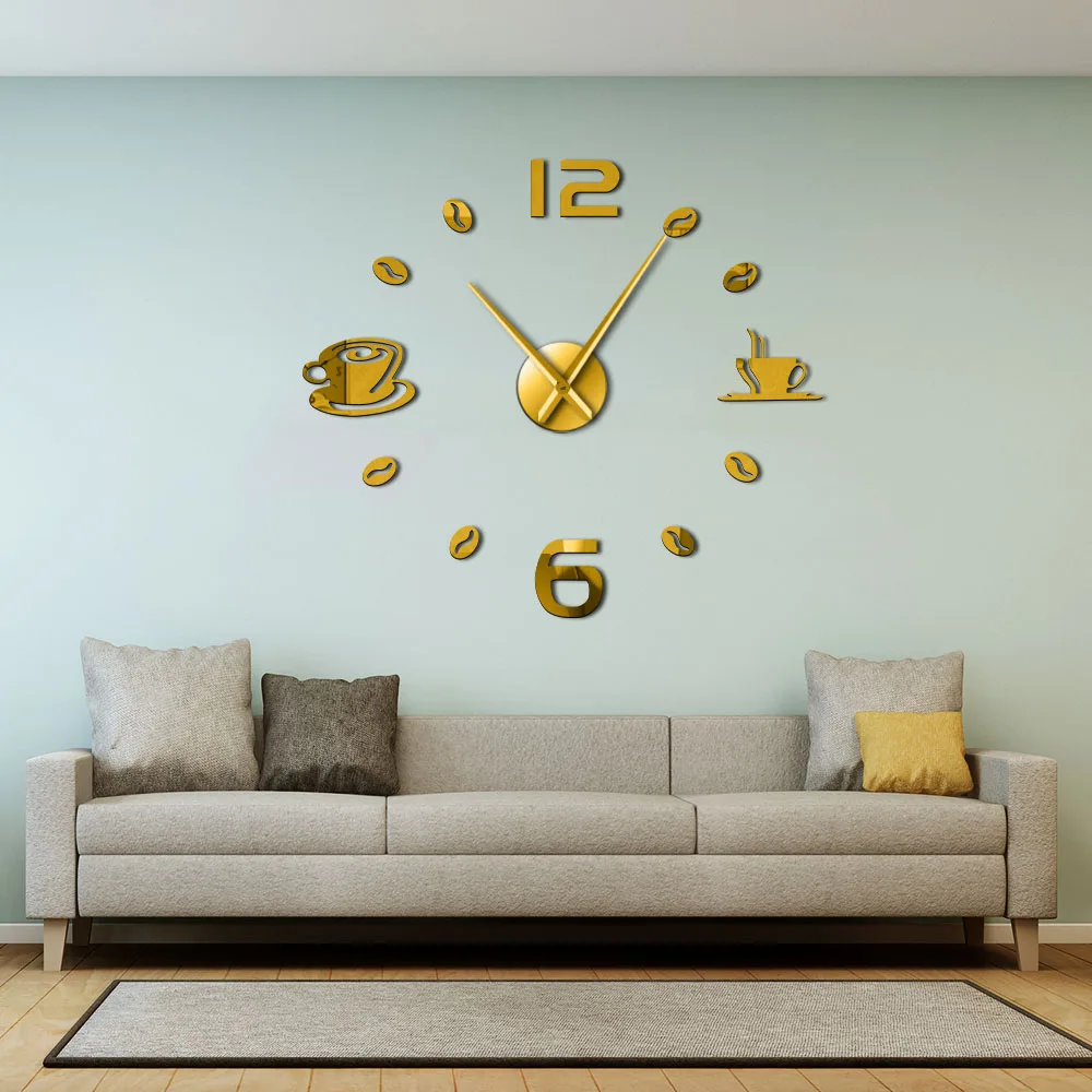 Кофейные художественные наклеивающиеся на стену часы DIY зеркальные настенные часы coffee Bean Giant современный дизайн Reloj De Pared 3d DIY акриловое зеркало
