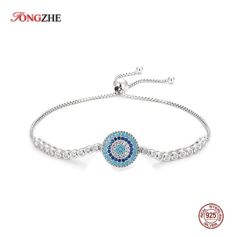 

TONGZHE 100% 925 Sterling Silver Lucky Round Blue Evil Eyes Power Tennis Bracelet Pave CZ Adjustable Box Chain Fine Jewelry
