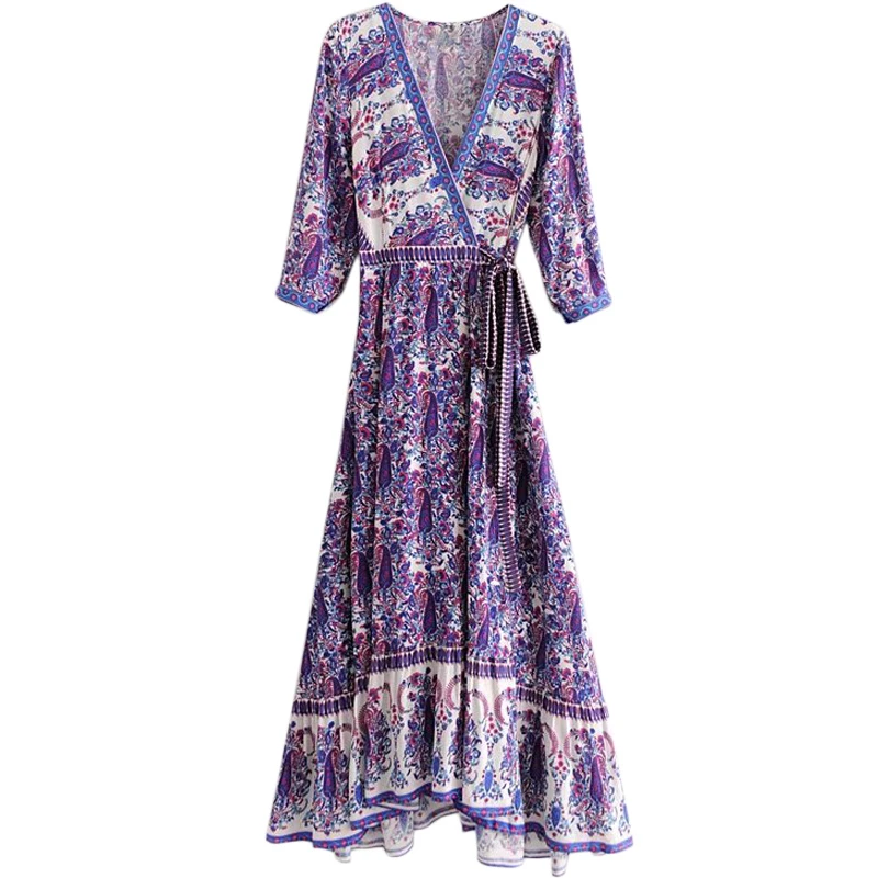 Женское пляжное платье макси с цветочным принтом V образным вырезом и рукавом