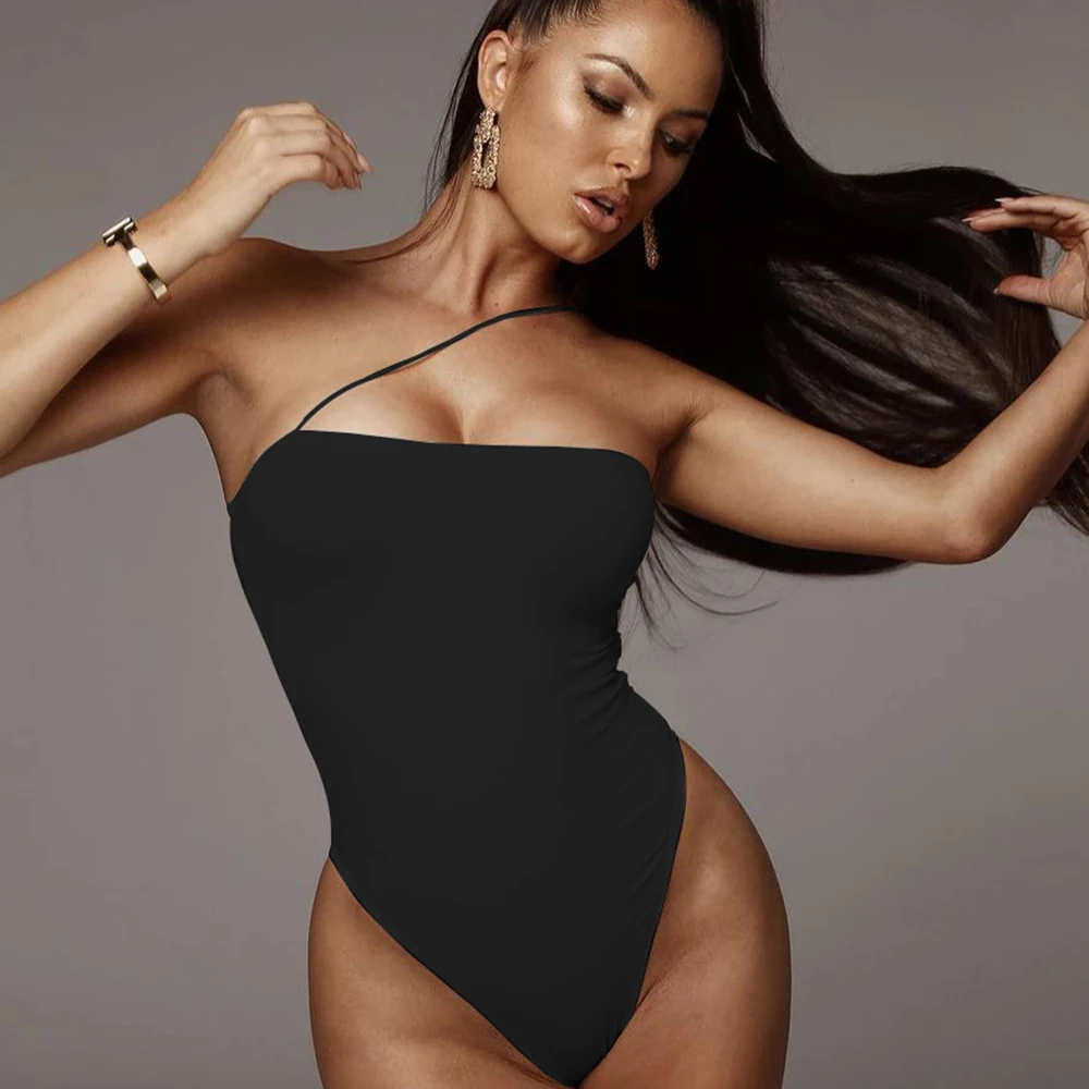 

Sexy Women Lace Up Playsuit Solid Color Female Bodysuit New Arrival One Shoulder Women Jumpsuit