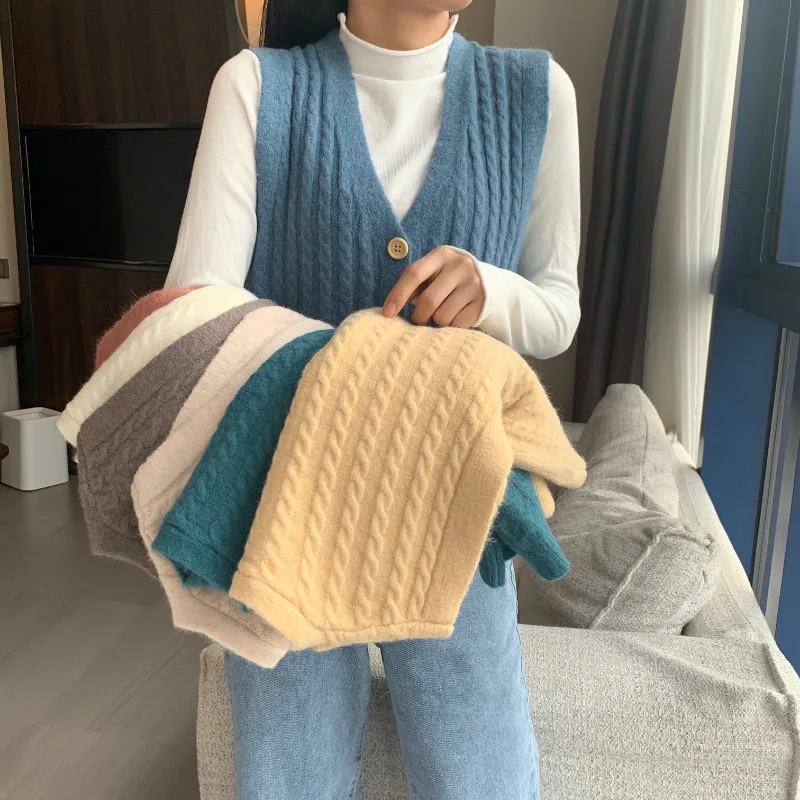 

PEONFLY Solid Loose Sweater 2020 Autumn Winter Women's Vest Casual Korean Knitted V Neck Single Breasted Women Outerwear
