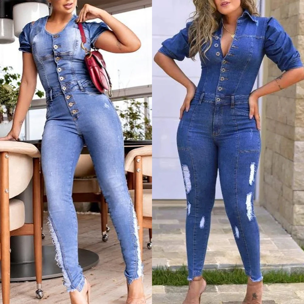

New Fashion Casual Sexy Bodycon Long Jeans Jumpsuit 2021 Women Puff Sleeve Hole Ripped Denim Playsuit Romper Pencil Overall D30