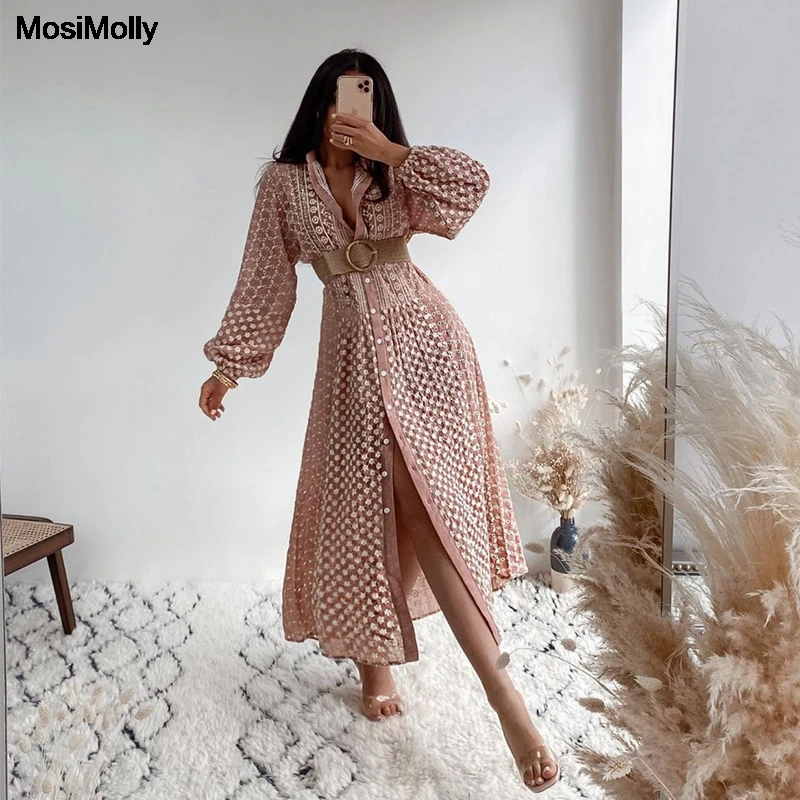 

MosiMolly Cotton Lace Dress Embroidery Midi Dress Long Sleeve Button Front Midi Dress Female Vestidos