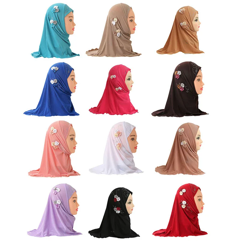 

Flower Rayon Muslim Girl's Turban Hijab With Hot Fix Rhinestone For 2-6 Years Old Multi-color Worship Hijab Skin-friendly Turban