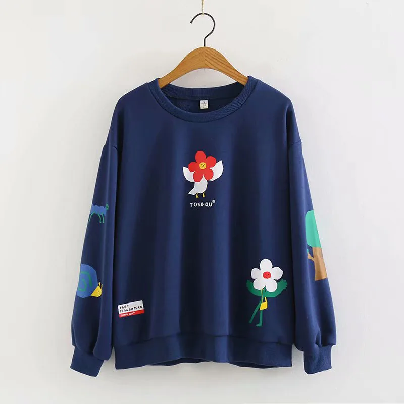 Элегантный студенческий женский мультфильм цветочные улитки толстовка