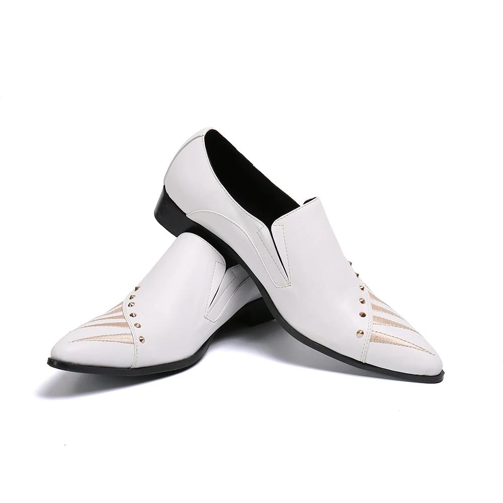 

Christia Bella White Men's Rivet Embroidery Large Size Pointed Toe Shoes Wedding Party Man Leather Shoes Evening Dress Man Shoes