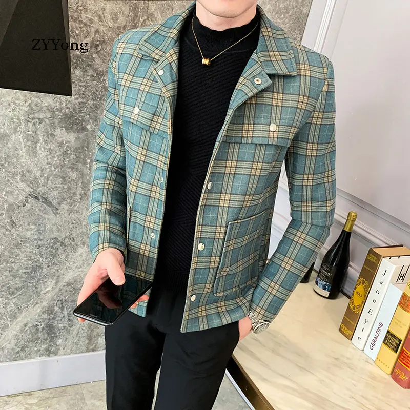 ZYYong осенне-зимнее мужское клетчатое пальто синего цвета Camel высокое качество