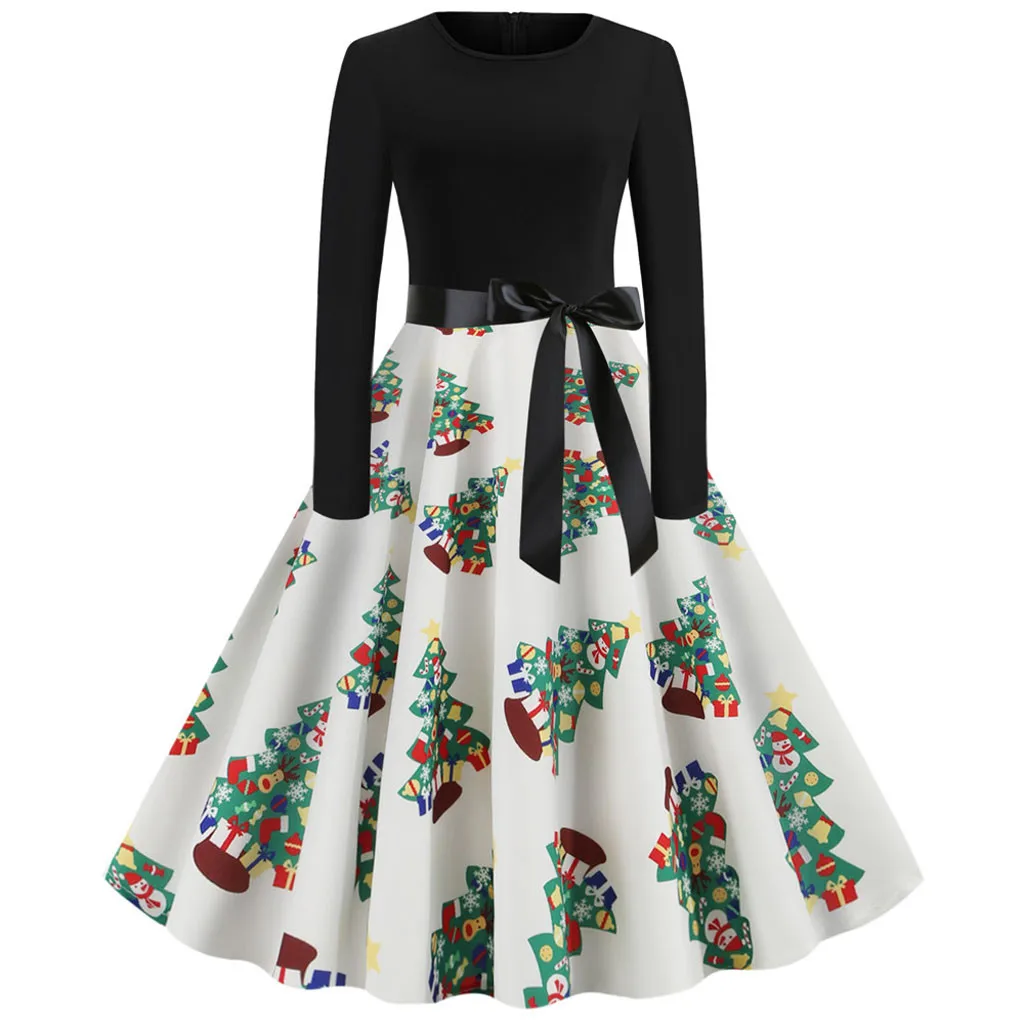 Vintage 1950s Hepburn style Christmas Dress Women Long Sleeve Print Pleated Party robe noel femme kerstjurk vestidos F1016 |
