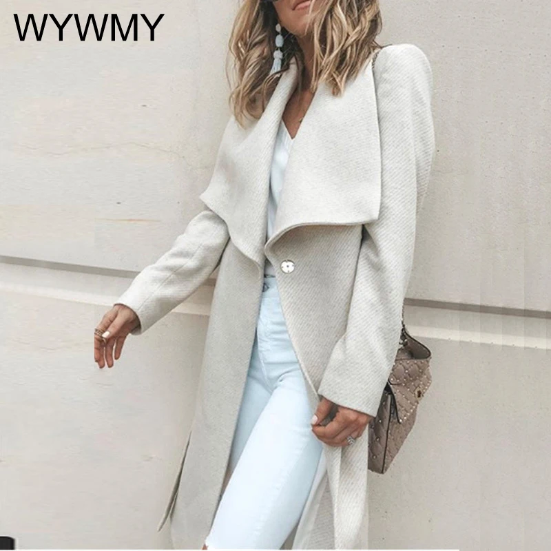 

WYWMY Autumn Wool Blend Women Midi Coat Turn-down Long Sleeve Lace Up Female Coats Winter Warm Elegant Fashion Ladies Outerwear