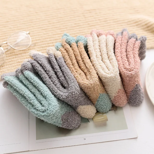 New 1 pair of plush coral fleece socks female tube autumn and winter dot cute thick warm sleeping floor sleep | Женская одежда