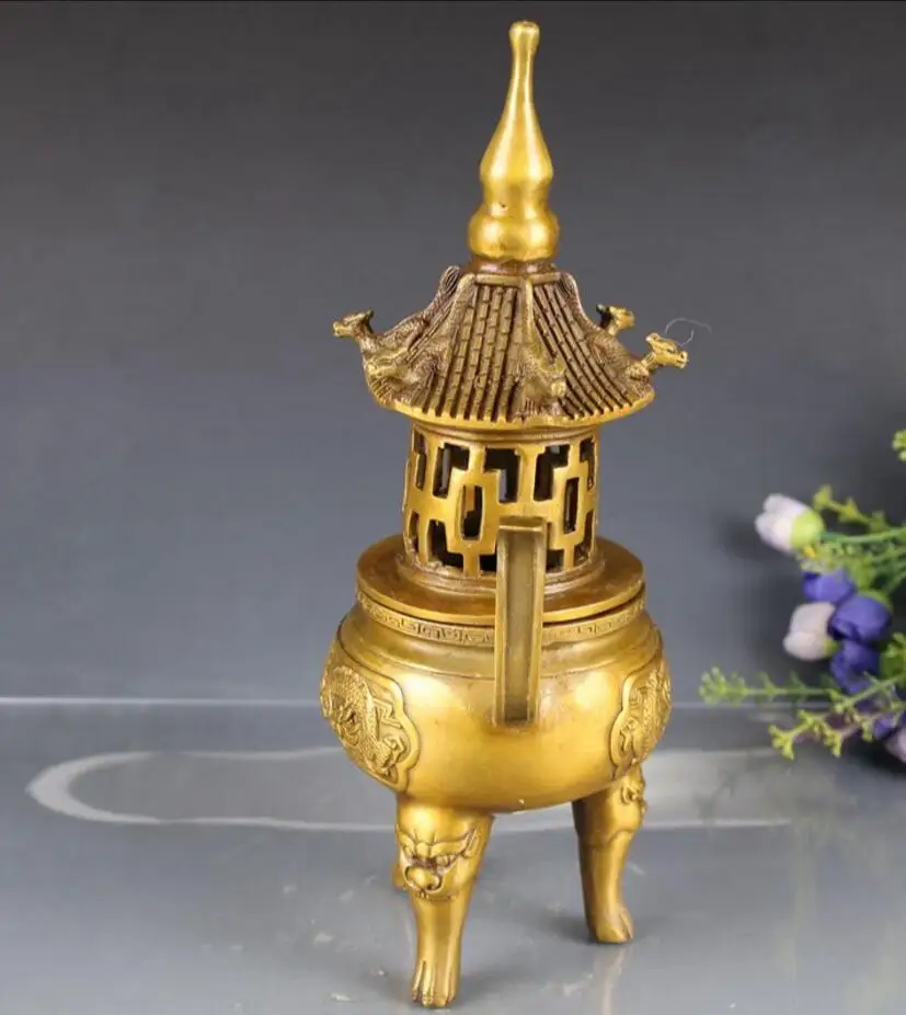 Медная статуя латунь двойной дракон жемчуг башня благовония горелка украшения