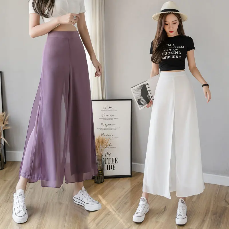 

Fairy Ice Silk Chiffon Wide-Leg Pants for Women 2021 New Summer High Waist Western Style Slimming Drape Thin Ankle Culotte