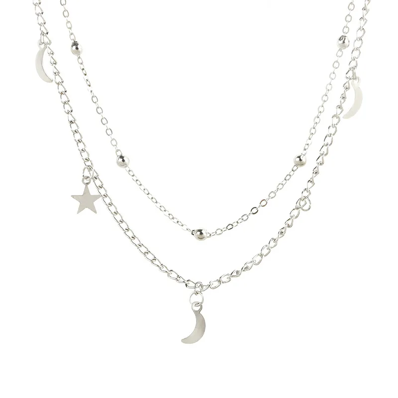 

New Bohemian Retro Geometric Simple Layered Ladies Necklace Moon Star Sequin Multilayer Pendant Clavicle Chain Party Jewelry
