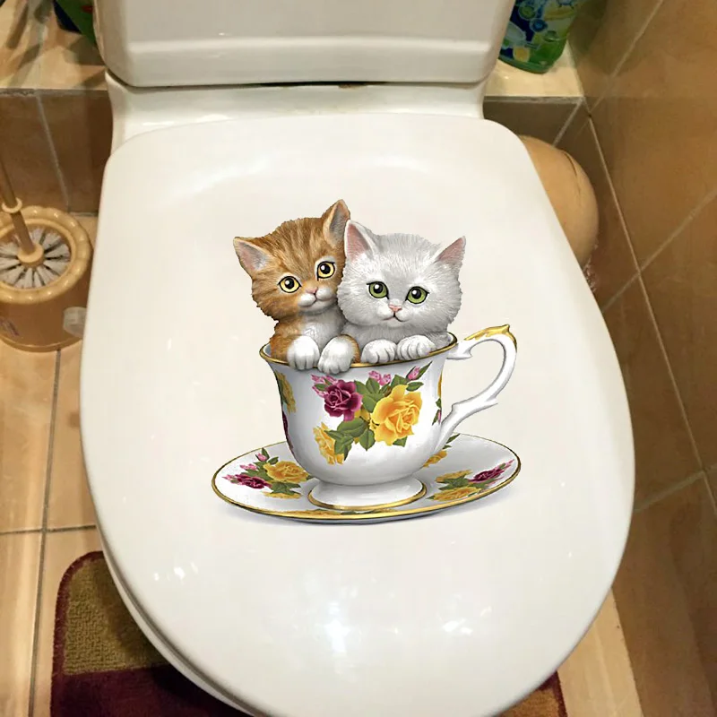 

19.8*20.6CM Two Cute Tea Cup Cats Childern Room Decor Wall Decal Bathroom Toilet Sticker T1-0177