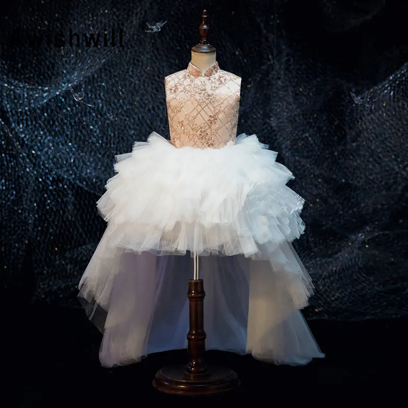 

Реальные фотографии, платье для девочки с высоким и низким цветочным рисунком, Тюлевое кружевное вечернее платье на заказ для маленькой дев...