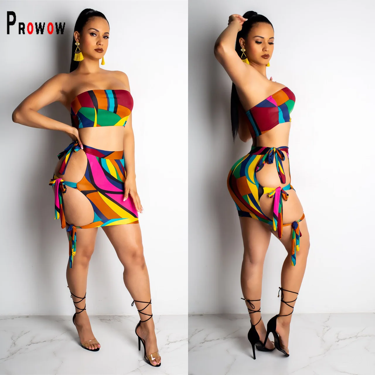 

Prowow Fashion Print Women Summer Suits 2021 New Corset Tops Bandage Skirt Two Piece Female Clothing Set Party Night Club Outfit