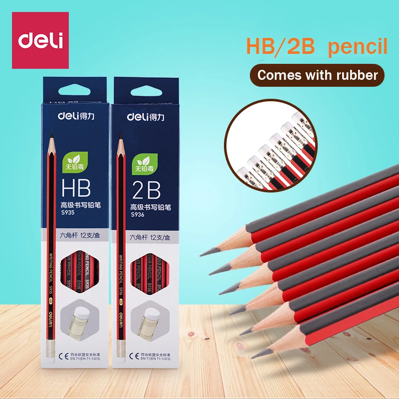 

12pcs/Box Deli Eco-friendly Natural Wood Pencil 2B/HB Hexagonal Non-toxic Standard Pencil Cute Stationery Office School Supplies