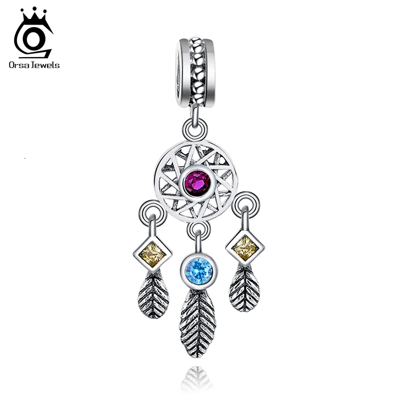 

ORSA JEWELS Boho Style Feather Charms 925 Sterling Silver Charms for Original with CZ Silver Bracelet Necklace for Women CB55