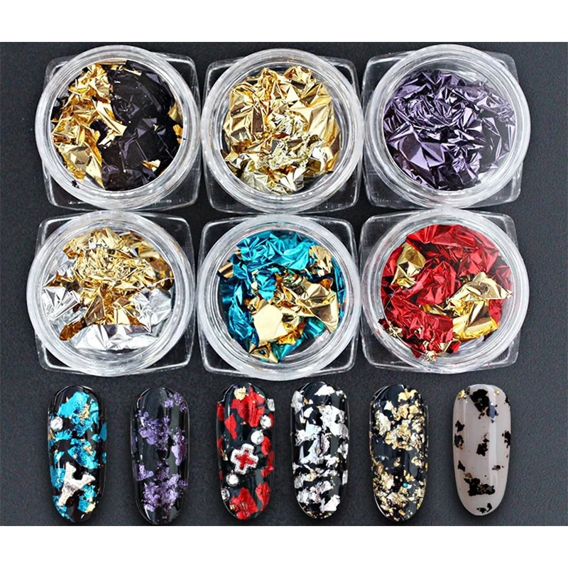 Set of six colors Zziell украшения для ногтей, алюминиевые фольги, блестки, 3D чешуйчатая наклейка, красочное неправильное голографическое зеркало, сделай сам, украшение для ногтей - Цвет: Set of six colors