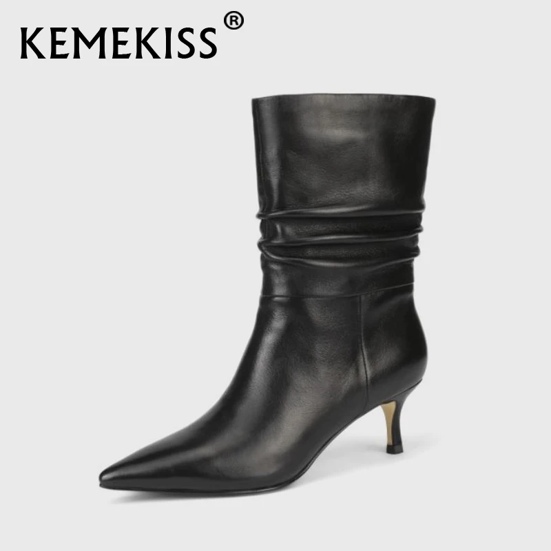 

KemeKiss Women Genuine Leather Ankle Boots Shoes Pointed Toe Thin Heels Slip On Western Boots Slip On Ladies Footwear Size 34-39