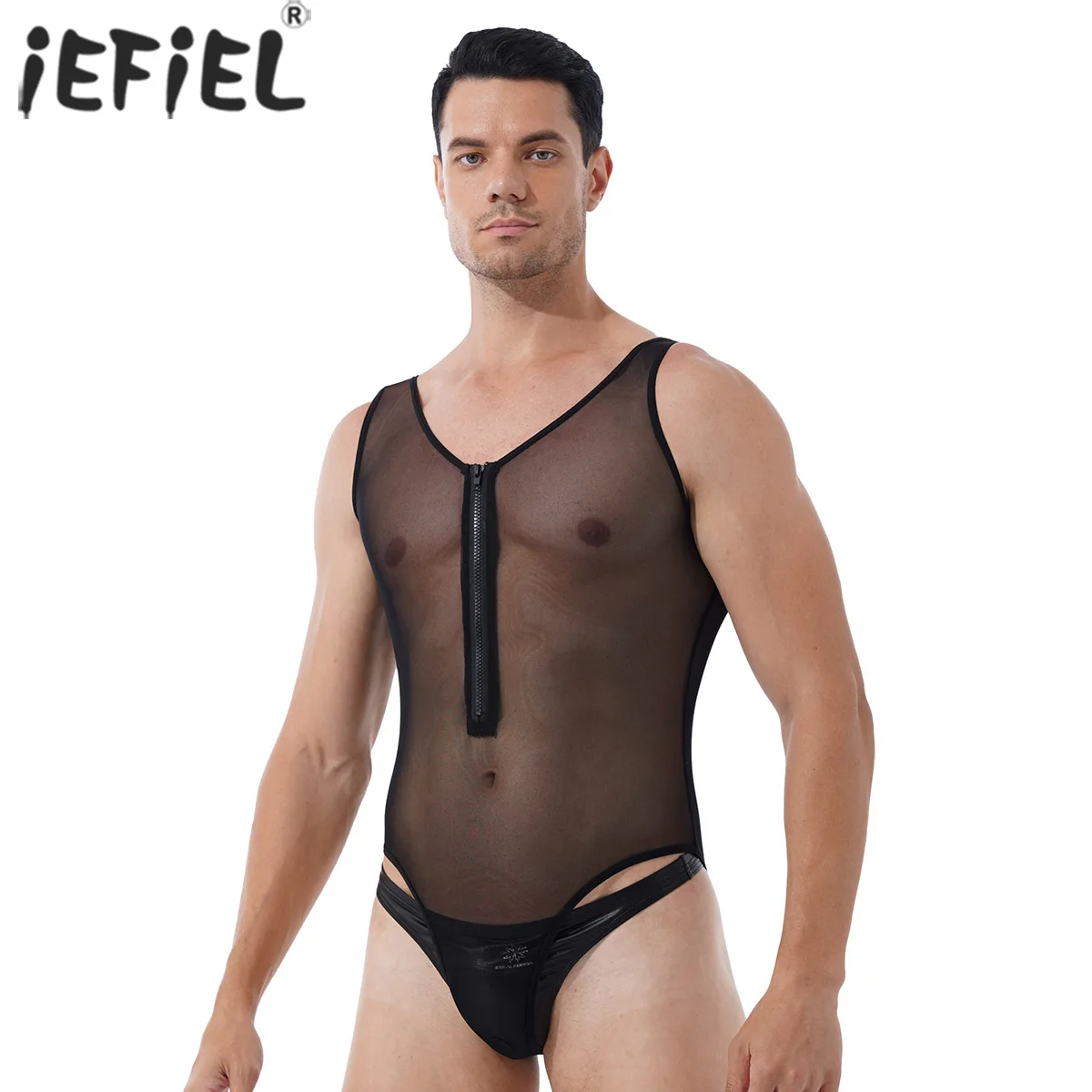 

Men Sleeveless Stretchy See-through Mesh Bodysuit Sissy Clubwear High Cut Slim Fit Sheer Catsuit Jumpsuit for Lingerie Night