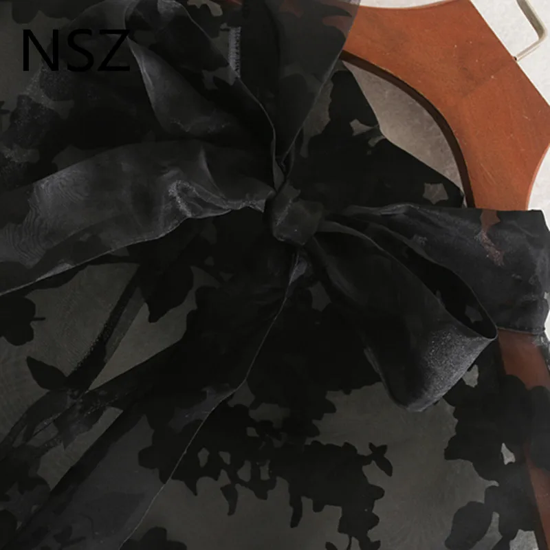 NSZ женская черная блузка из органзы с вышивкой воротник-стойка фатиновая рубашка
