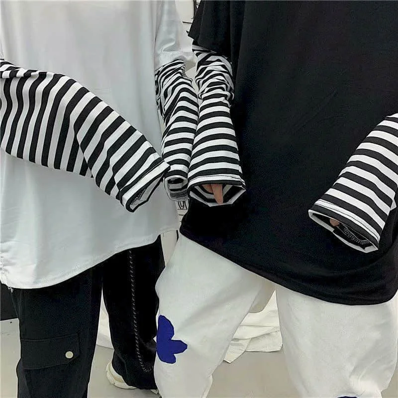 

NiceMix Harajuku tshirt Women t shirt Boyfriend top Casual Couple Shirts Patchwork Striped Long Sleeve Hip Hop False Two Piece