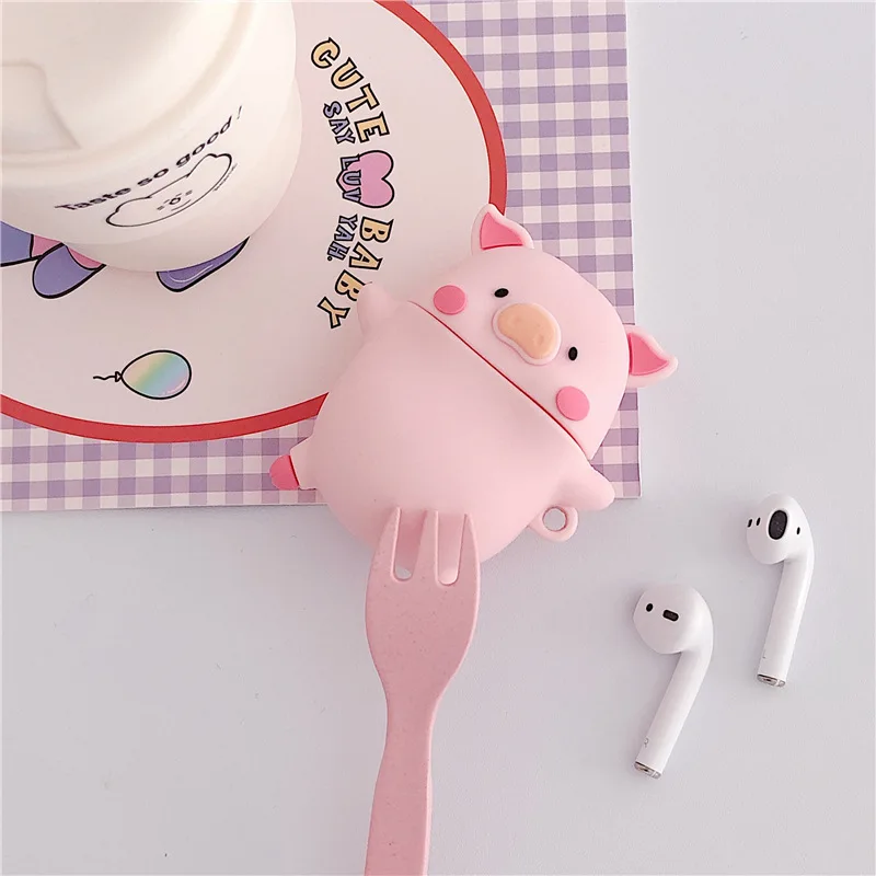 Для Airpods 1/2 чехол 3D с милым рисунком в виде розовой свинки для из мягкого силикона