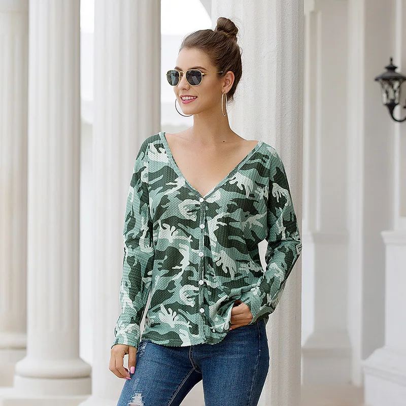 

Women's T-shirt 2021 Spring and Autumn New Style Cardigan Long Sleeve V-neck Printing