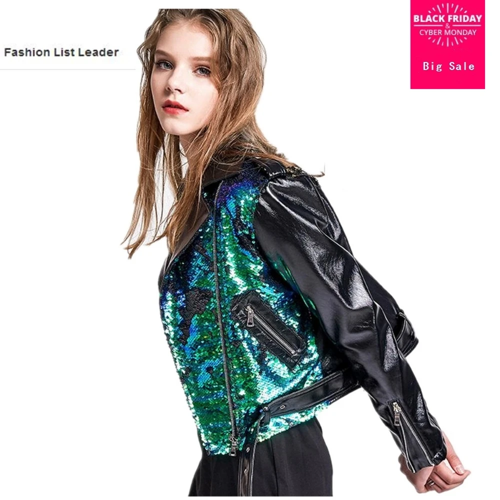 

Весенне-осенняя Модная брендовая Высококачественная кожаная куртка с блестками, женская уличная куртка из искусственной кожи на молнии, ...