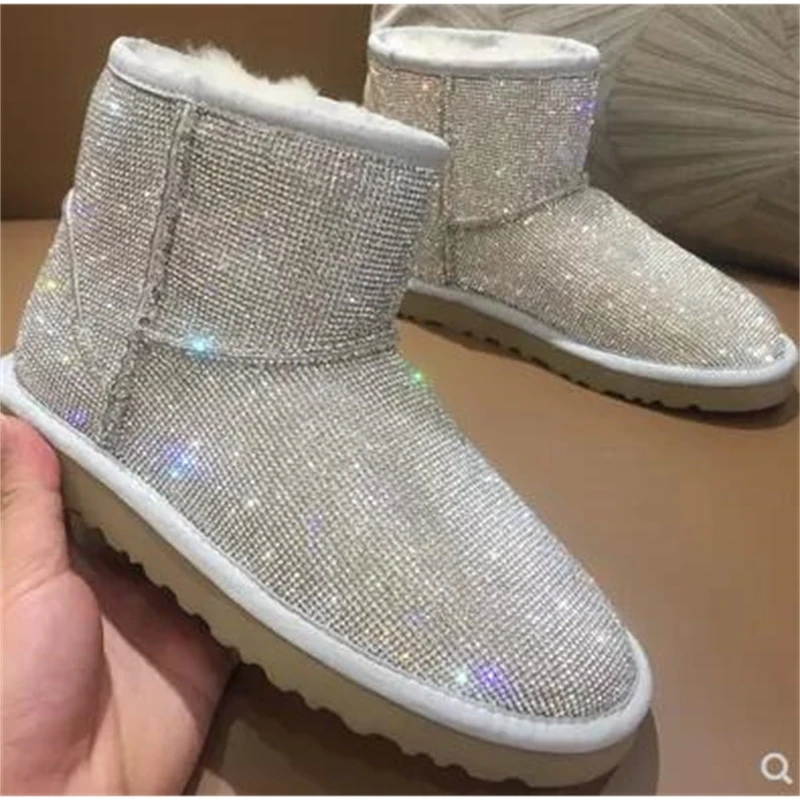 

2021 New European Station Net Red Star The same paragraph Rhinestone Leisure Wool Trifle Thick-bottomed short boots Lace Sticky