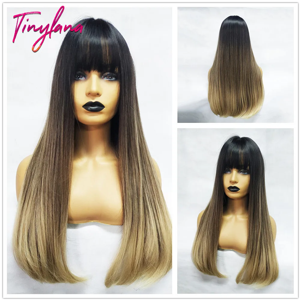 Маленькие черные/коричневые прямые синтетические парики с челкой для афро