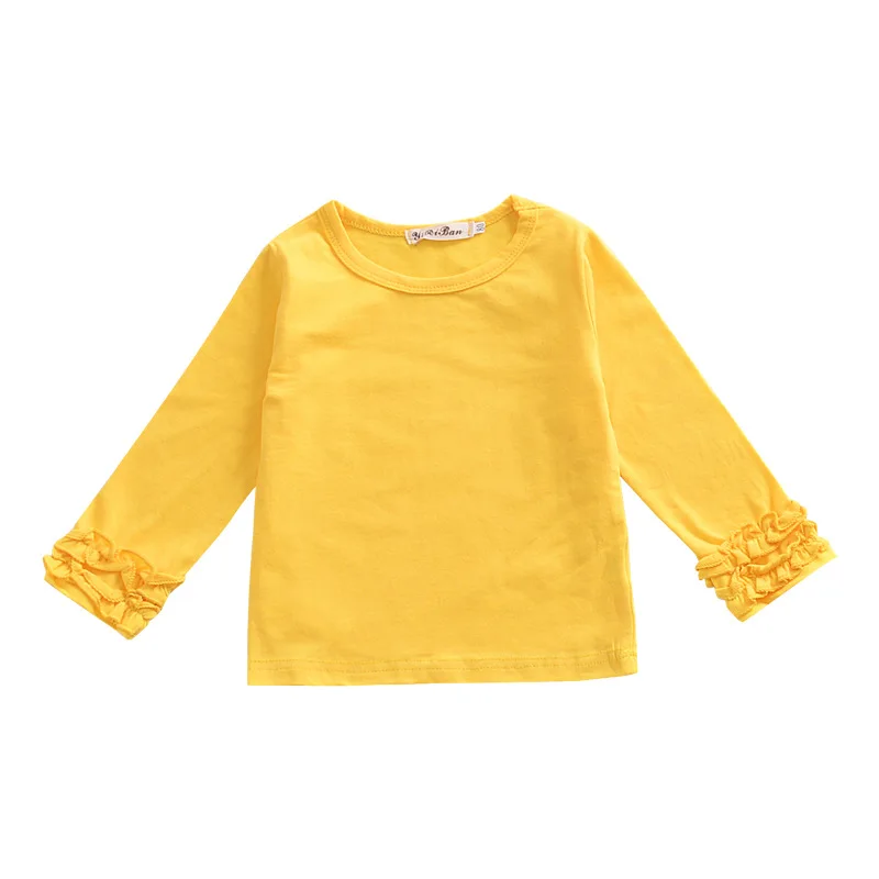 yellow Детская одежда с длинными рукавами для девочек; сезон осень-зима; однотонные хлопковые рубашки с оборками; топ с манжетами; одежда для малышей - Цвет: yellow