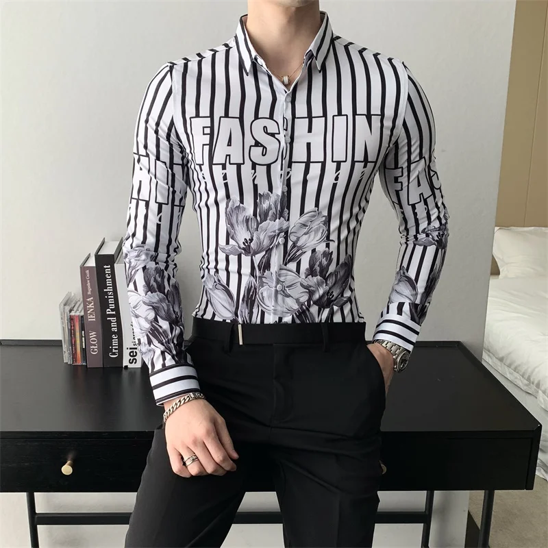 

Autumn New Men Striped Shirts Fashion 2021 Korean Slim Fit Shirts for Men Clothing Digital Print Casual Shirt Long Sleeve
