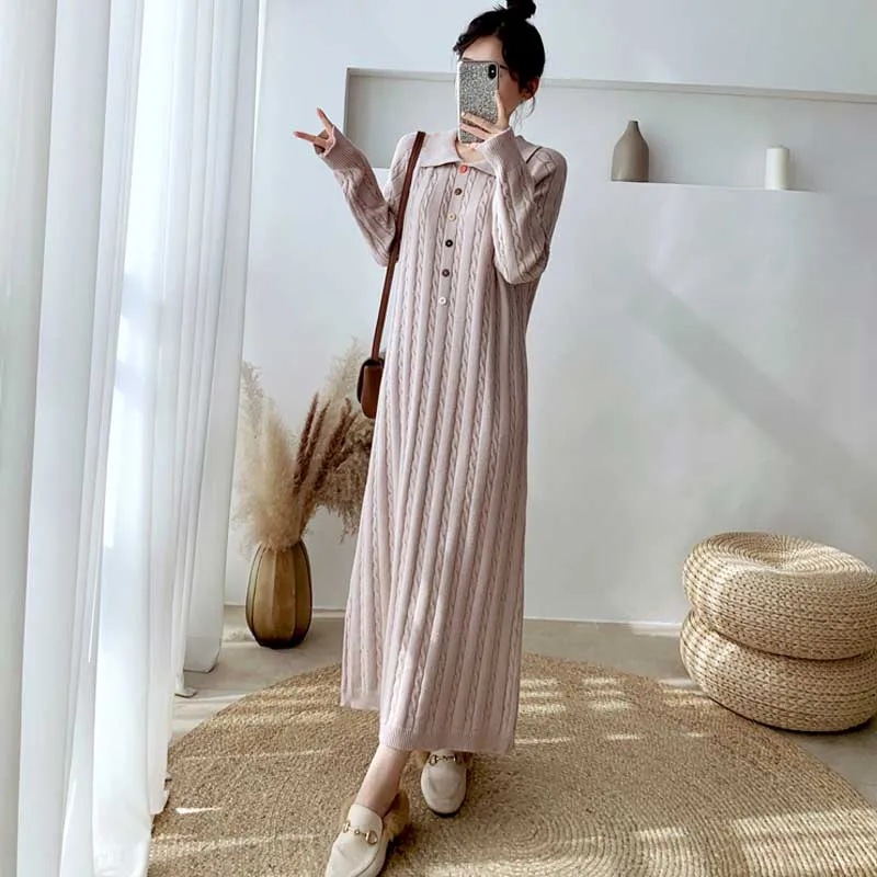 Женское трикотажное платье-свитер осенне-зимнее однобортное Свободное платье с